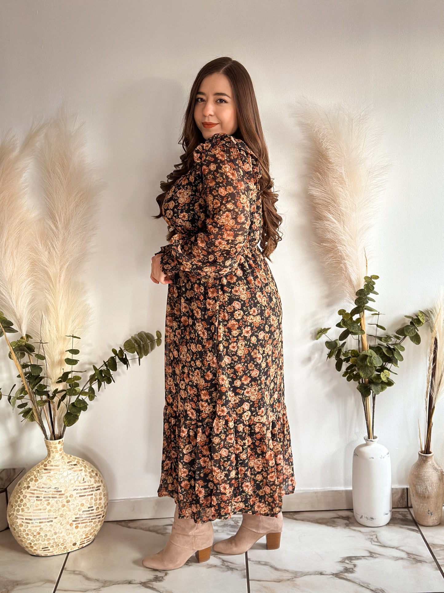 Winter Flower Dress in Brown